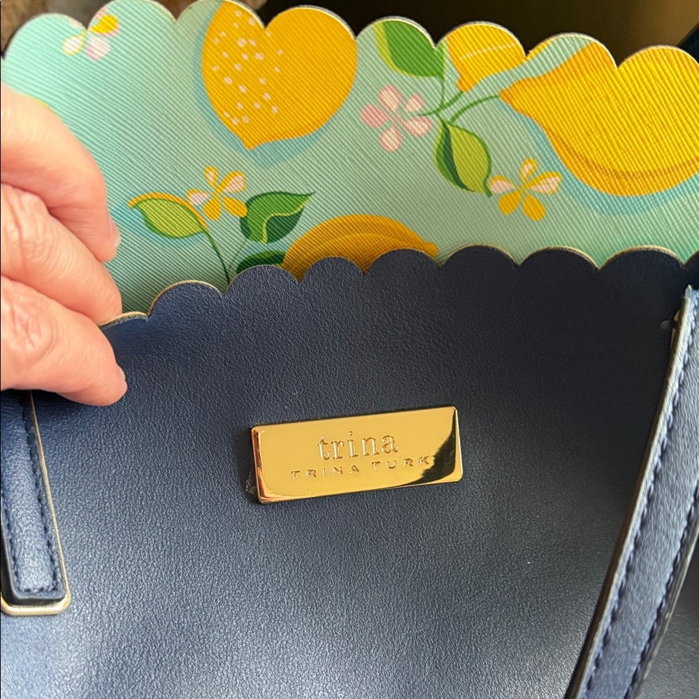 Trina Turk Navy Blue Shoulder Bag with Floral Interior